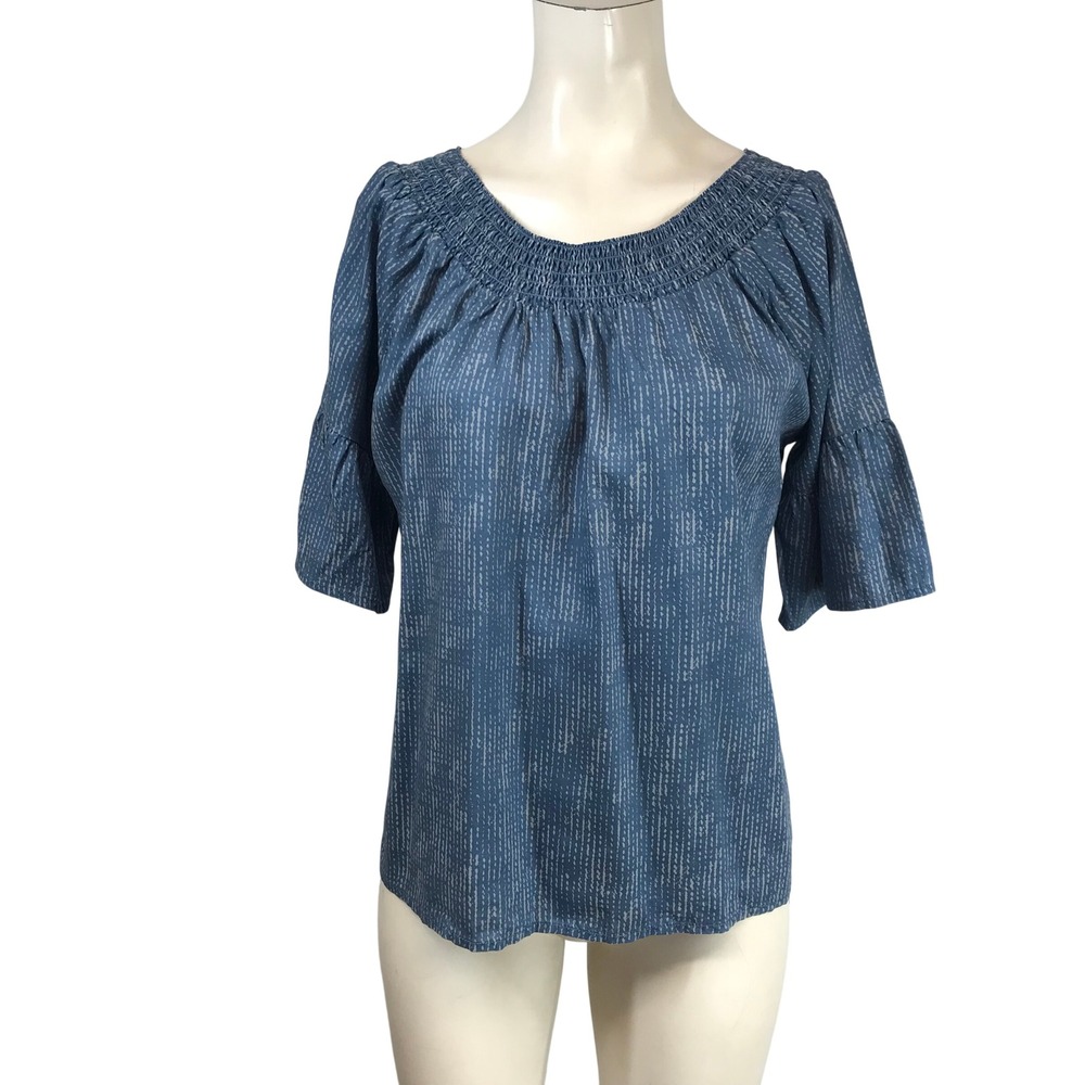 Prana Blue Tencel Smocked Neck Ruffle Sleeve Dash Print Blouse Womens Medium